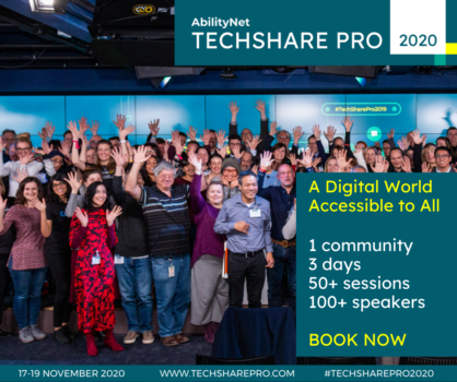 Techshare Pro poster showing lots of people with their hands raised in celebration